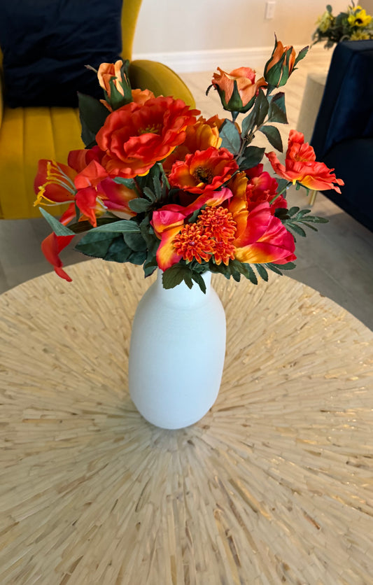 Orange Mum Pick, Tulip, Salmon Rose Spray and Tiger Lily Artificial Floral Arrangement