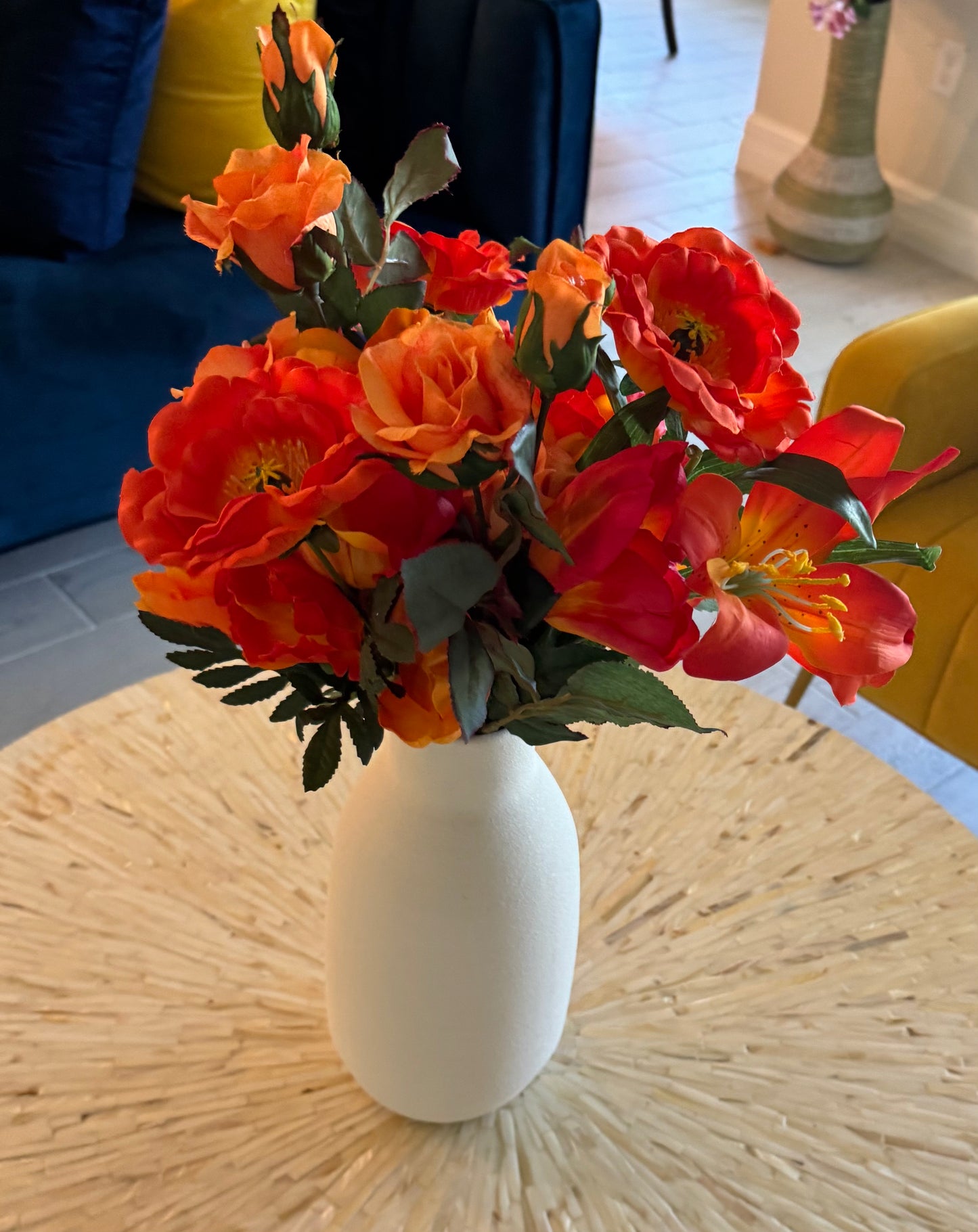 Orange Mum Pick, Tulip, Salmon Rose Spray and Tiger Lily Artificial Floral Arrangement