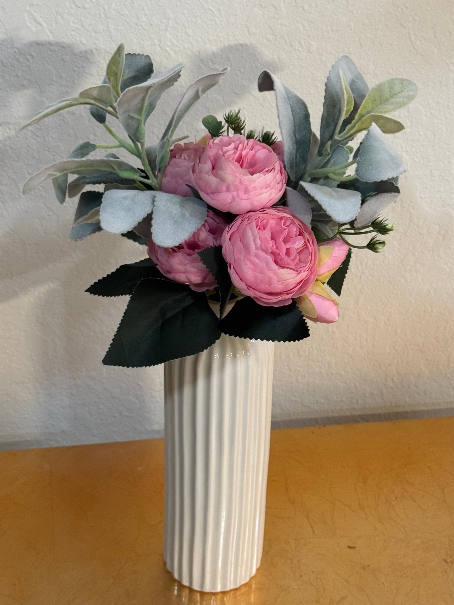 Artificial Pink Peony and Faux Lambs Ear Floral Arrrangement