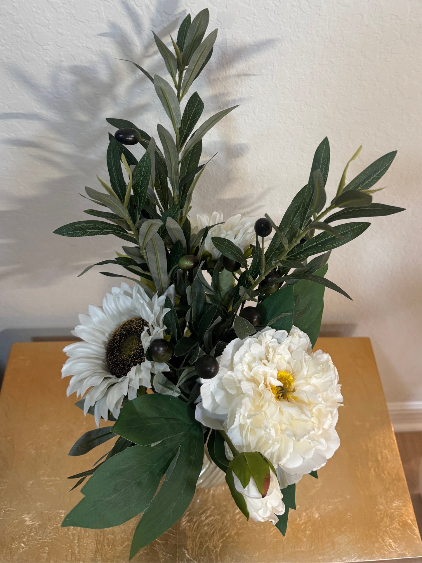 White Sunflower, Olive Branch, and Peony Flower Arrangement