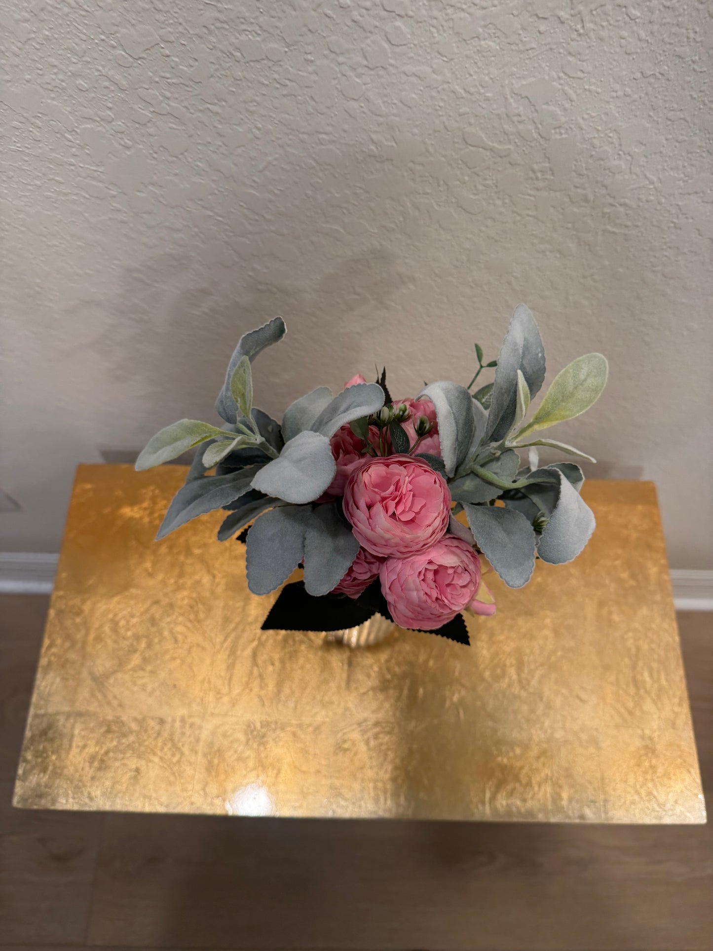 Artificial Pink Peony and Faux Lambs Ear Floral Arrrangement