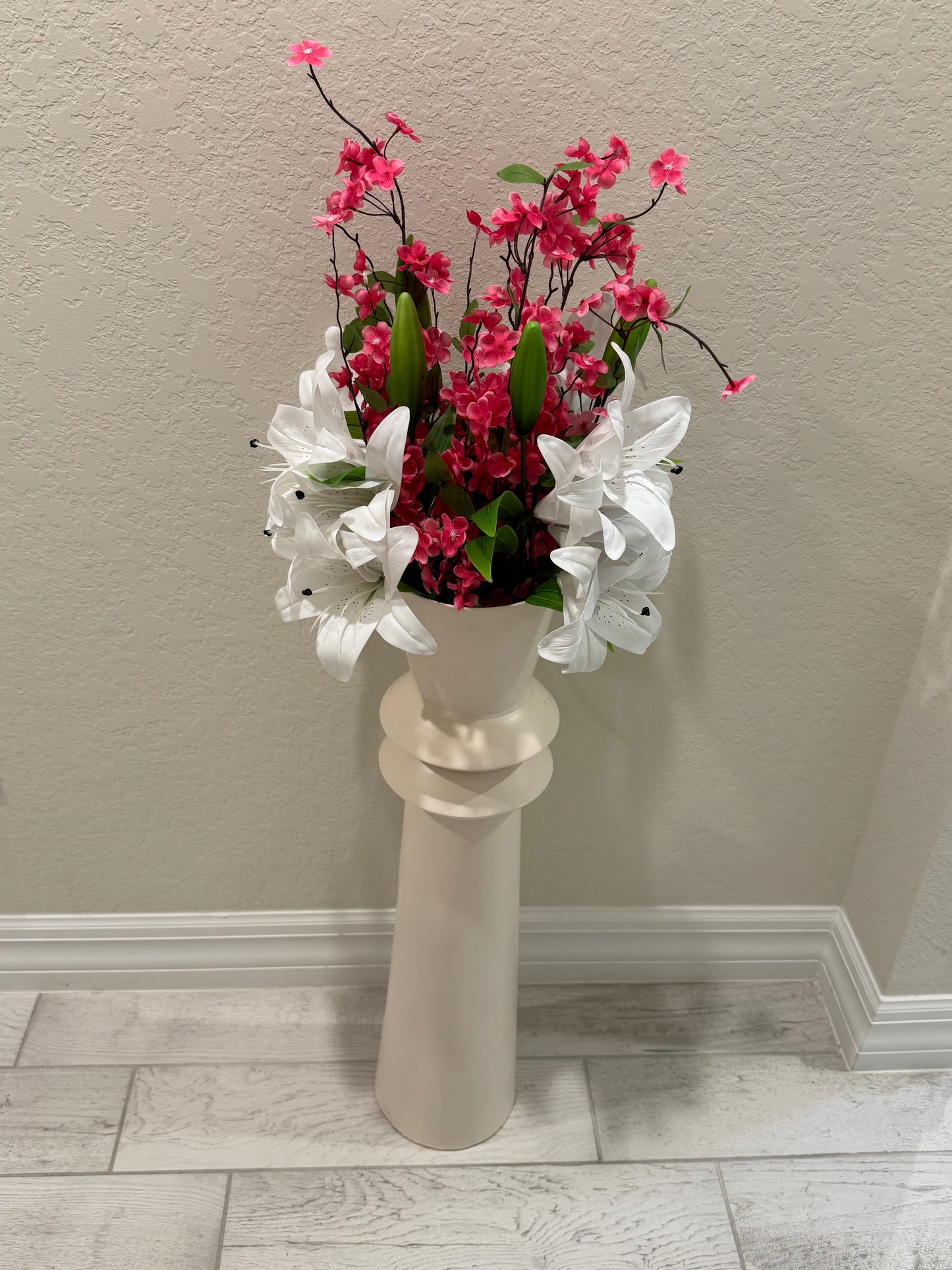 White Lily and Pink Cherry Blossom Artificial Floral Arrangement