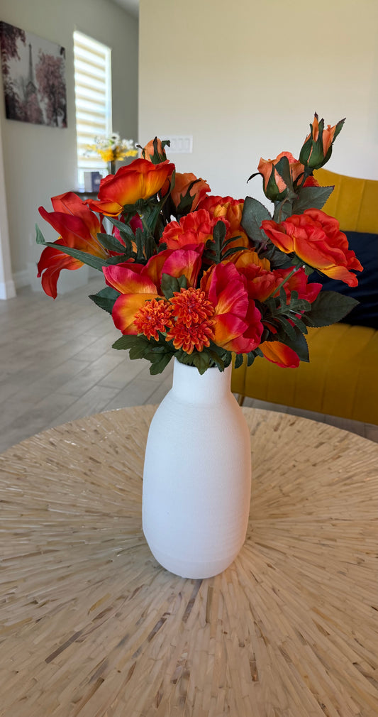 Orange Mum Pick, Tulip, Salmon Rose Spray and Tiger Lily Artificial Floral Arrangement