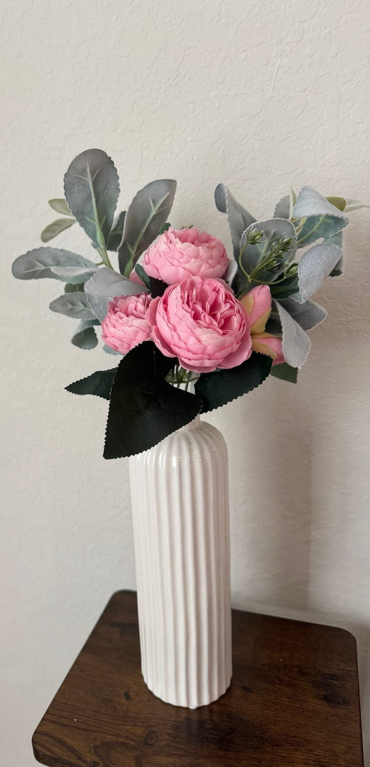 Artificial Pink Peony and Faux Lambs Ear Floral Arrrangement