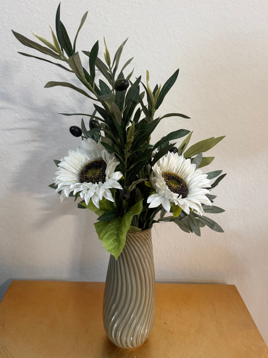 White Sunflower, Olive Branch, and Peony Flower Arrangement