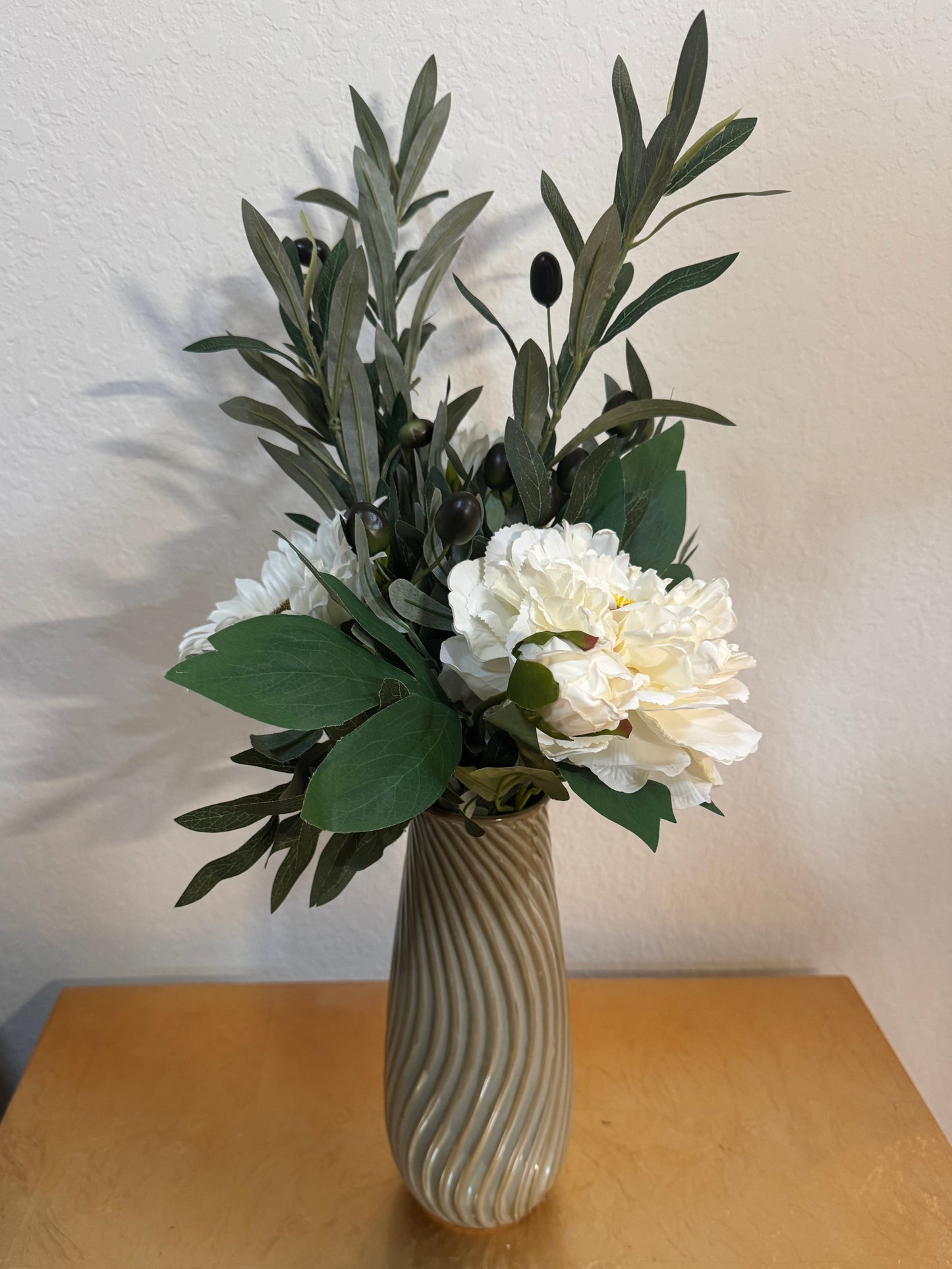 White Sunflower, Olive Branch, and Peony Flower Arrangement