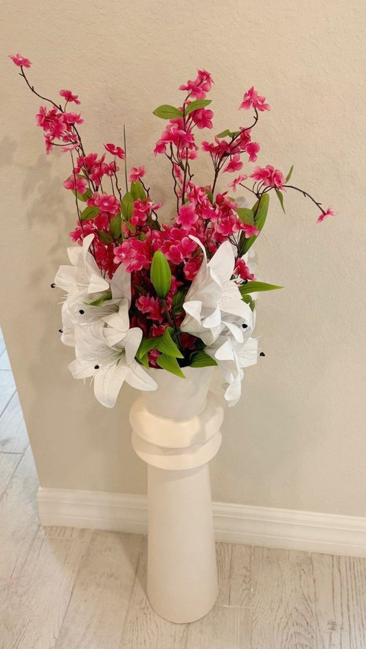 White Lily and Pink Cherry Blossom Artificial Floral Arrangement